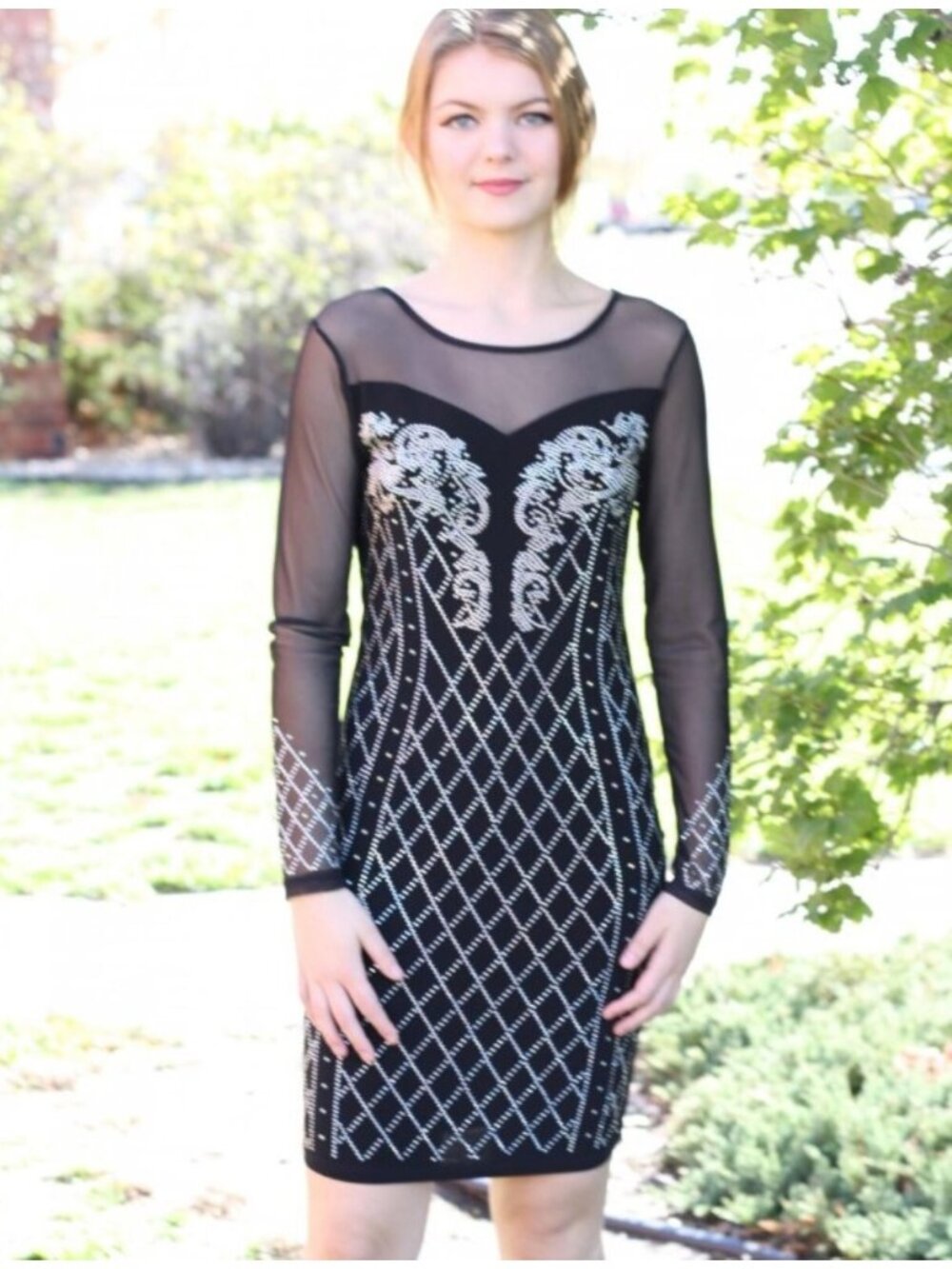 Vocal Black Sheer Rhinestone Embellished Dress Long Sleeve Glam Rock Style Mediu